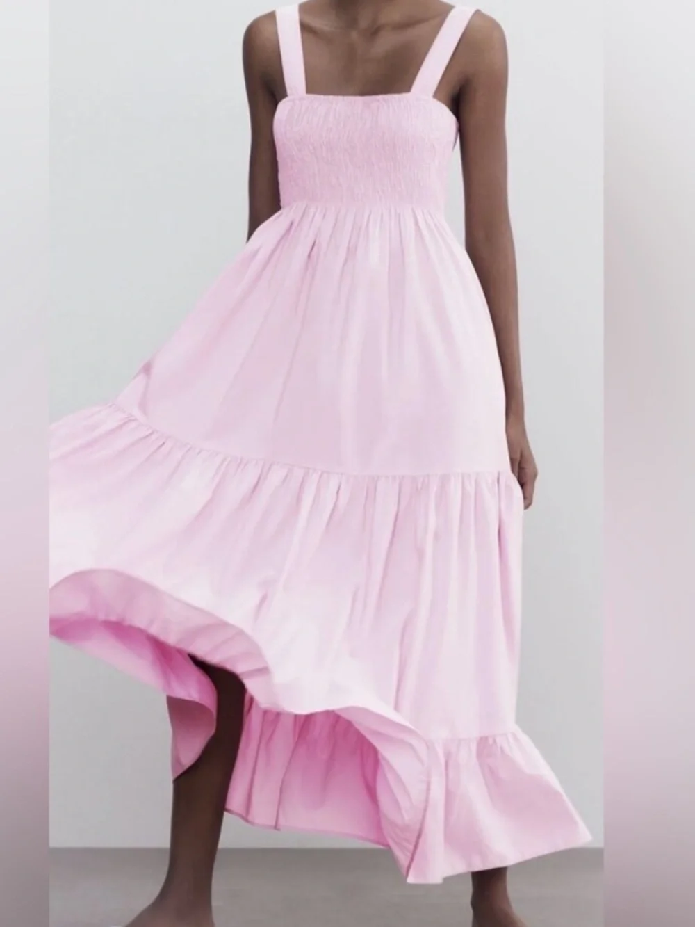 ZARA Light Pink Smocked Tiered Maxi Sun Dress
